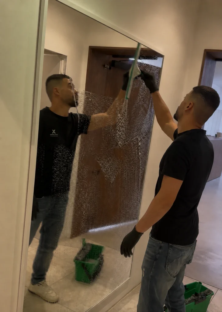 Mitarbeiter von IMPACTIX bei der Spiegelreinigung im Innenbereich